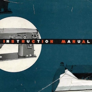 May include: A black and white instruction manual for a sewing machine. The cover features a close-up of the sewing machine with the words "INSTRUCTION MANUAL" printed in red and white.