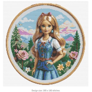 Fashion Doll Cross Stitch PDF Pattern Keeper Compatible Modern Pink Mountain Design Flowers Plants Instant Download