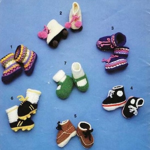 May include: Ten pairs of knitted baby booties in various colors and styles, including green, white, black, brown, and blue. The booties are numbered 1 through 7.