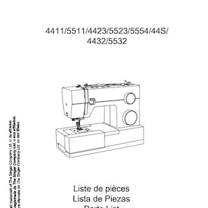 May include: A Singer sewing machine parts list. The image features a line drawing of a sewing machine, with the Singer logo at the top. The text includes model numbers and the words "Parts List" in English, French, and Spanish.
