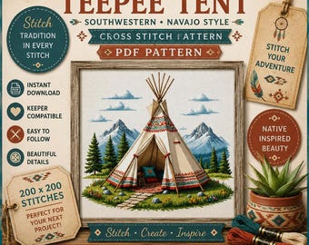 Tienda tipi india estilo navajo nativo americano del suroeste, punto de cruz en PDF, diseño de tipi, patrón compatible con Keeper. Descarga en PDF.