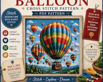 Diseño de punto de cruz de globo aerostático en PDF, compatible con Pattern Keeper, descarga instantánea de PDF de bordado