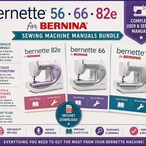 以下が含まれることがあります： Bernette 56、66、82eミシン用のユーザーおよびサービスマニュアルのデジタルバンドル。画像には、ミシンのイラストが描かれた3つのマニュアルの表紙と、手順、ステッチガイド、PDF機能に関するテキストが表示されています。