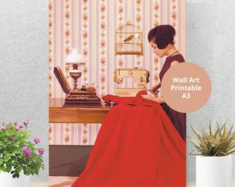 Bernina Retro Lady con máquina de coser en forma de jaula, arte de pared, póster, decoración de sala de costura, descarga en PDF vintage, Manual de usuario - Guía de usuario completa