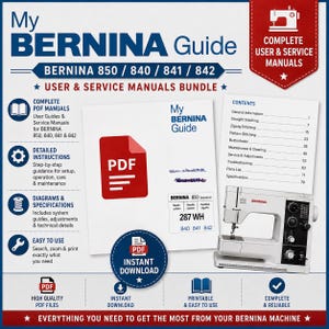 Op de afbeelding: Een digitaal pakket met My BERNINA gebruikers- en servicehandleidingen voor de modellen 850, 840, 841 en 842. De afbeelding toont een witte naaimachine, een rood PDF-pictogram, een inhoudsopgave en tekst over instructies en specificaties.