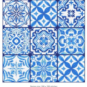 Könnte beinhalten: Ein Kreuzstichmuster mit neun blauen und weißen Fliesen mit komplizierten geometrischen Mustern. Das Muster ist 200 x 200 Stiche.