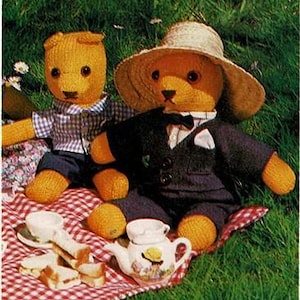May include: Two knitted teddy bears having a picnic on a red and white checkered blanket. One bear is wearing a blue suit and a straw hat, while the other bear is wearing a blue and white checkered shirt. There is a teapot and a plate of sandwiches on the blanket.