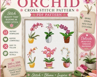 Conjunto de orquídeas primaverales en acuarela, flores en maceta, diseño de punto de cruz en PDF, compatible con Pattern Keeper, bordado de girasol en PDF, descarga instantánea.