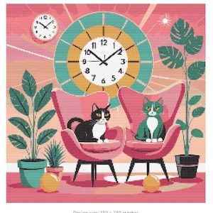 May include: Two pink chairs with black and green cats sitting in them. The chairs are in a room with a large clock on the wall and plants in pots.