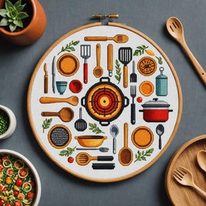 May include: A white embroidery hoop with a colorful cross-stitch design of various kitchen utensils, including spatulas, spoons, whisks, and a frying pan. The design is surrounded by green leaves and red tomatoes.