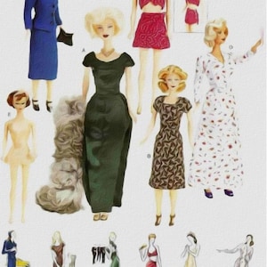 May include: A collection of 10 doll outfits, including a blue suit, a green dress, a red skirt and top, a floral print dress, a white dress with floral print, and a few other outfits. The dolls are not included.