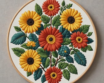 Patrón de diseño en PDF para punto de cruz con diseño de girasol, gerbera, margaritas de Transvaal, compatible con el bordado de girasoles, descarga instantánea en PDF