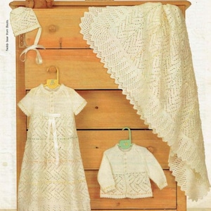 4 Teilige Baby Babyausstattung mit Taufkleid Spitze Afghan Vintage Strickmuster PDF Instant Download