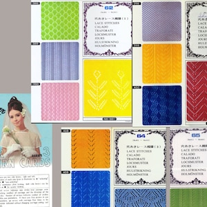 May include: A set of 10 Silver Series 3 knitting pattern cards. The cards are numbered 62 through 65 and feature different lace stitch patterns. The cards are in a variety of colors, including green, blue, yellow, red, and orange. The cards are labeled with the words "Lace Stitches" and "Hole Lace Patterns".