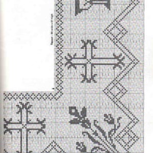 May include: Black and white cross stitch pattern with a floral design, a cross, and an hourglass. The pattern is numbered 66.