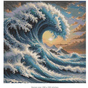 May include: A large blue wave crashes over the ocean, creating a dramatic scene with white foam and a bright orange sunset in the background. The wave is a powerful symbol of nature's beauty and strength.