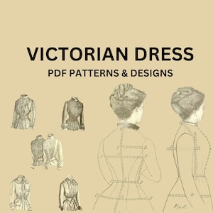 Könnte beinhalten: Beige-farbenes Bild mit dem Text "VICTORIAN DRESS PDF PATTERNS & DESIGNS." Das Bild zeigt Skizzen viktorianischer Kleider und eine Schnittzeichnung, die Einblicke in historisches Modedesign bietet.