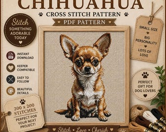Patrón de punto de cruz en PDF de un adorable cachorro de chihuahua, diseño compatible con Keeper, decoración para mascotas, regalo, descarga instantánea.