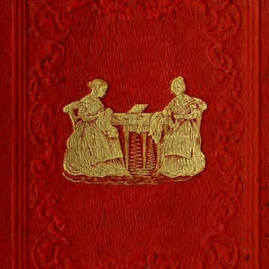Könnte beinhalten: Ein roter Buchumschlag mit einem goldenen Prägedesign, das zwei Frauen zeigt, die an einem Tisch sitzen. Das Design ist aufwendig und enthält florale Motive.