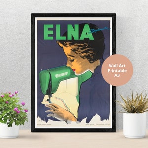 Elna Supermatic Nähmaschine Retro Wand Kunst Werbe Poster Bundle Nähen Zimmer Dekor Junk Journal Nähen Vintage PDF Instant Download
