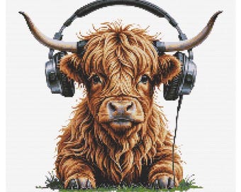 Highland Cow with Headphones Animal Cross Stitch PDF Pattern Keeper Compatible Design Pet Decor Gift Instant Download