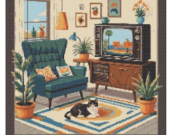 MCM Sala de estar aconchegante com gato em ponto cruz PDF Pattern Keeper compatível com design moderno de meados do século dos anos 1950, flores e plantas, download instantâneo