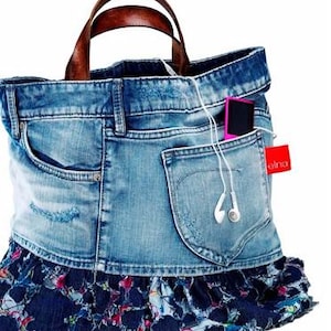 2 Denim Rose Upcycled Jort Jeans Denim Weekend Tote Bag PDF Beginners Sewing Pattern Easy Sewing Project Boho Clutch Belt Strap Download
