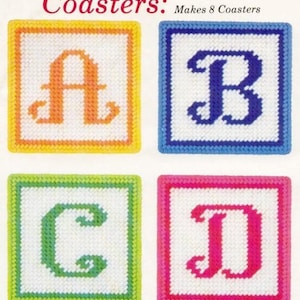 May include: Needlepoint coaster kit with instructions to make 8 coasters. The kit includes two sheets of 8 count plastic needlepoint canvas, 4 ply yarn, a needle, and illustrated instructions. The coasters feature the letters A, B, C, and D in a colorful, vintage style.