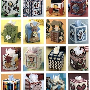 May include: Twelve different tissue box covers with various designs, including a farmhouse, a snowman, a frog, a bunny, a watermelon, a heart, and a rainbow. The covers are made of plastic canvas and are ready to be stitched.