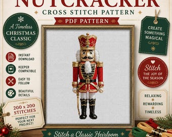 Patrón PDF de punto de cruz navideño del Cascanueces, compatible con Keeper, diseño de los años 50, descarga instantánea.