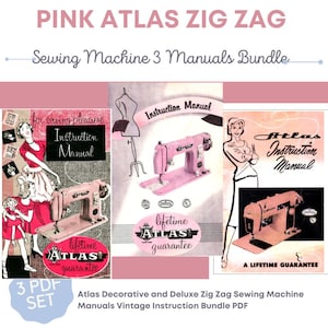 Pacchetto PDF di macchine da cucire decorative e deluxe a zig zag Pink Atlas, manuali di istruzioni vintage, guida utente completa, download immediato