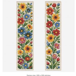 Könnte beinhalten: Zwei vertikale Kreuzstichmuster mit einem floralen Design. Die Muster zeigen Blumen in Rot, Gelb, Blau und Rosa, mit grünen Blättern. Die Designgröße beträgt 200 x 200 Stiche.