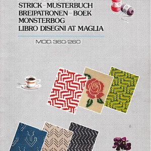 May include: A book titled "Pattern Book" with multiple languages listed on the cover. The book features various knitting patterns, including a rose, geometric designs, and a floral pattern. The book also includes a cup of coffee and two balls of yarn.