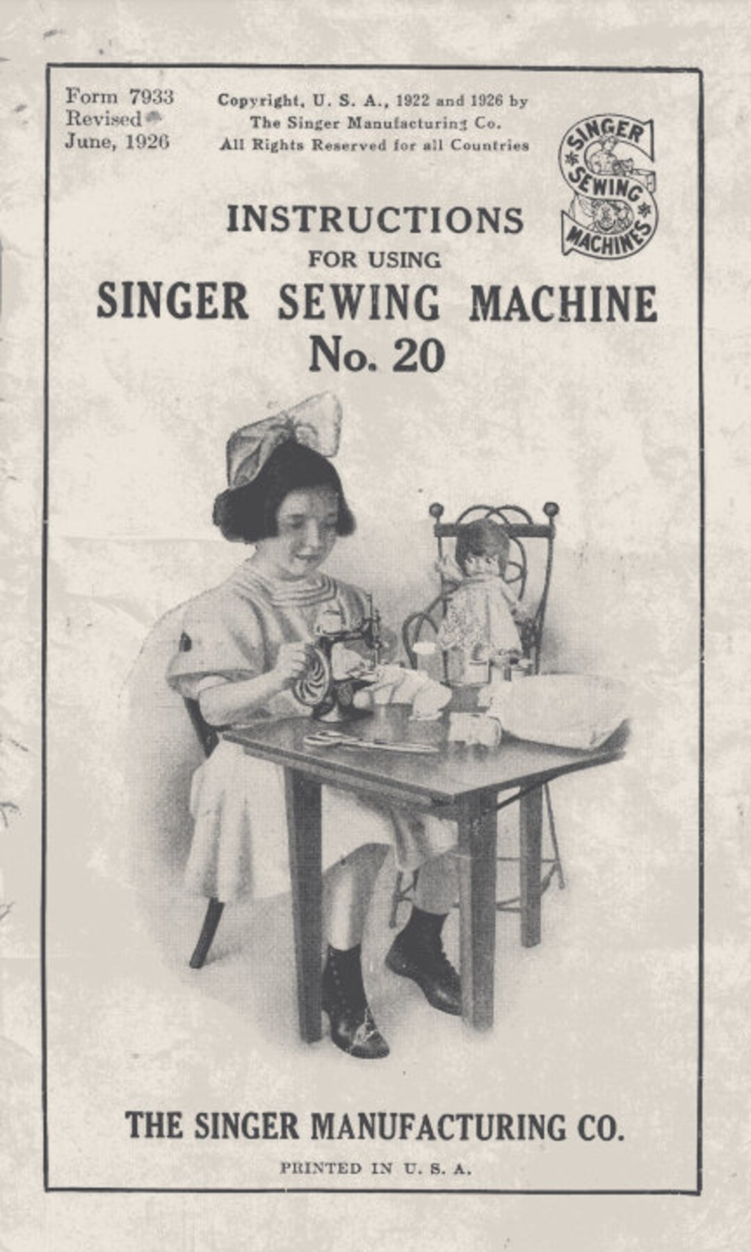 Singer 20 Toy Sewing Machine Instruction Revised 1926 Manual PDF in