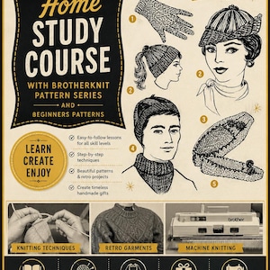May include: A Brother Knit Pattern Series No. 8 Home Study Course instructional poster featuring illustrations of knitted gloves, hats, and slippers. The document includes sections on knitting techniques, retro garments, and machine knitting with text.