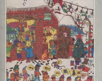 May include: A colorful illustration of a toy store with a brick facade and a sign that reads "TOYS". The store is covered in snow and surrounded by children and animals. A large Christmas tree stands in the snow with presents underneath. A Santa Claus figure sits in a chair with a child on his lap. The image is titled "1988 WISH BOOK SEARS".