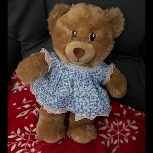 May include: A brown teddy bear wearing a blue and white floral dress with lace trim. The bear is sitting on a red blanket with white snowflakes.