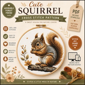 Cute Squirrel Cross Stitch PDF Pattern Keeper Compatible Design Decor Gift Instant Download