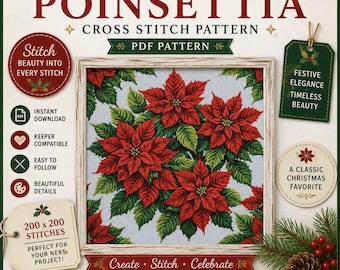 Diseño de punto de cruz de flores de Nochebuena navideñas en PDF, compatible con Pattern Keeper, temporada navideña, bordado floral rojo en PDF, descarga instantánea.