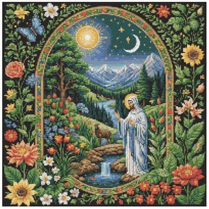 May include: A cross-stitch embroidery design featuring a woman in a white robe standing in a lush green landscape with a stream, mountains, and a sun and moon in the sky. The design is surrounded by a border of flowers and leaves.