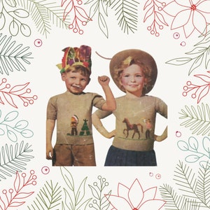 May include: Two children wearing sweaters with embroidered designs. The girl is wearing a brown sweater with a horse and rider design. The boy is wearing a beige sweater with a cowboy and Christmas tree design. Both children are smiling.