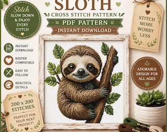 Patrón PDF de punto de cruz de un adorable bebé perezoso, diseño compatible con Keeper, decoración de animales de primavera, regalo, descarga instantánea.