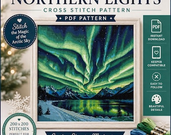 Patrón de punto de cruz de auroras boreales en PDF, diseño compatible con Keeper, aurora boreal, Polo Norte, invierno, lago helado, PDF, decoración, regalo, descarga instantánea