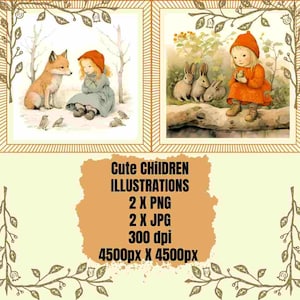 Incroyable clip art d’illustration pour enfants de style vintage antique, fille et le renard, fille et les lapins, clipart, cartes postales, artisanat
