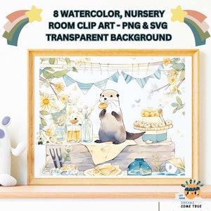 Nursery Clip Art, water color - cute animals 8 svg + 8 png