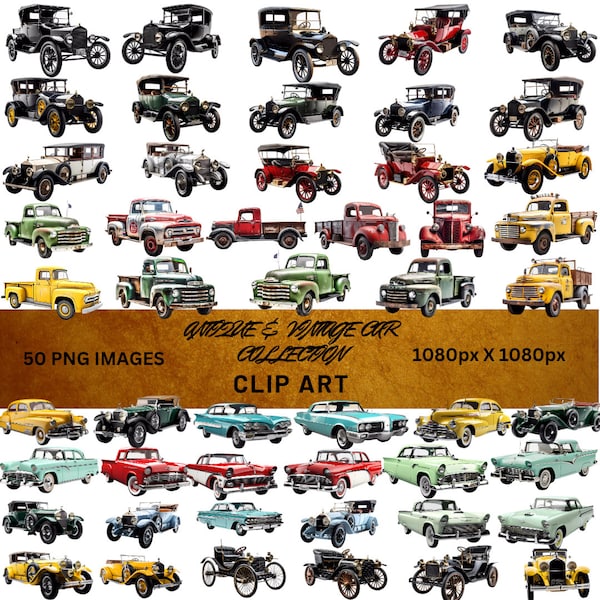 Antique and vintage car collection, clip art - 50 PNG images, different colors, best collection for car lovers, clip art