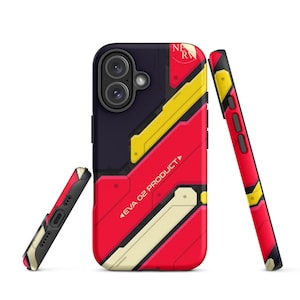 May include: A red, yellow, and navy blue phone case with the text "EVA 02 PRODUCT" and "NER RW". The case has a geometric design and is shown from multiple angles.