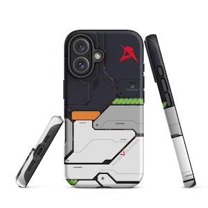 May include: A black, white, and orange phone case with a futuristic design. The case features a red logo and the text "RX-93 V Gundam". The design includes geometric shapes and lines, with green and orange accents.