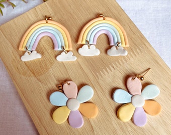Pastel Retro Spring Earrings / Rainbows / Flowers / Polymer Clay Earrings