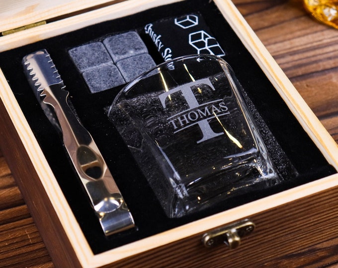 Personalized Whiskey Glass Set with Wooden Box, Groomsmen Gift, Best Man Gift, Groomsman Proposal, Boyfriend Gift, Gifts for Men